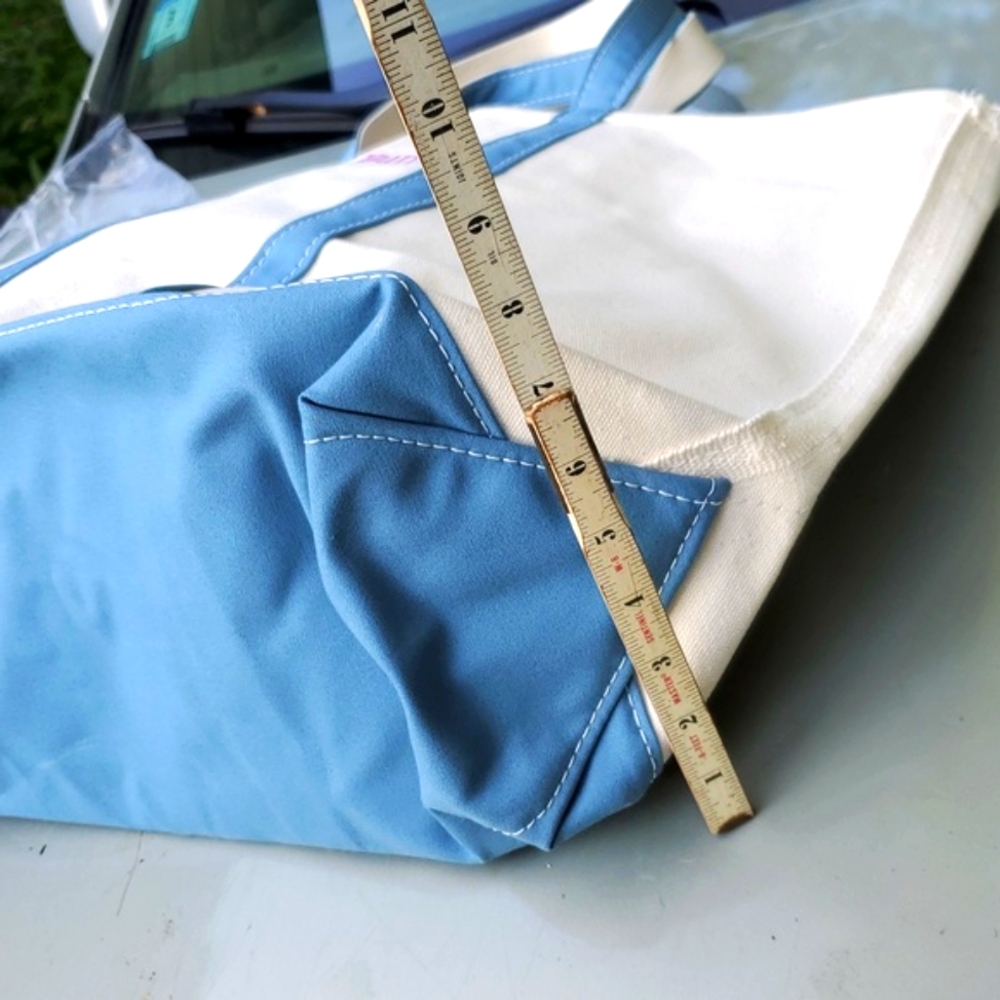 LL Bean Boat BEACH BUM Creme Canvas Tote Slate Blue Monogram Large Custom NWT - Picture 4 of 9